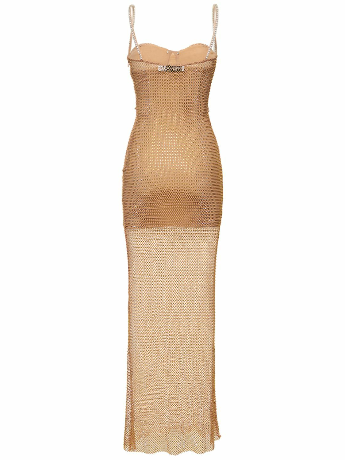SELF-PORTRAIT - Tan Hotfix Fishnet Maxi Dress Self-Portrait