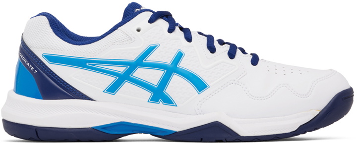 Photo: Asics White & Blue Gel-Dedicate 7 Sneakers