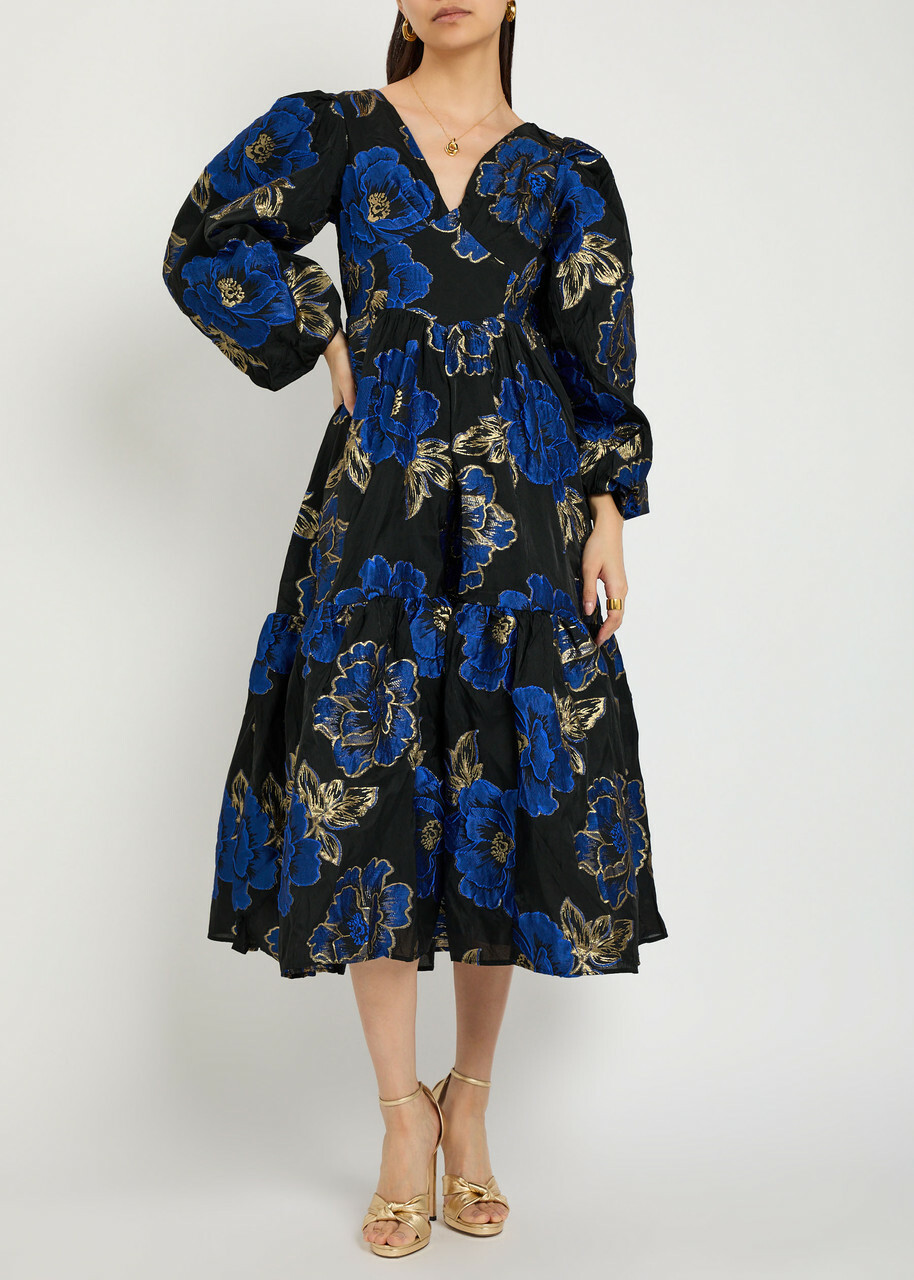 Sister Jane Blues Floral-jacquard Woven Midi Dress Blue