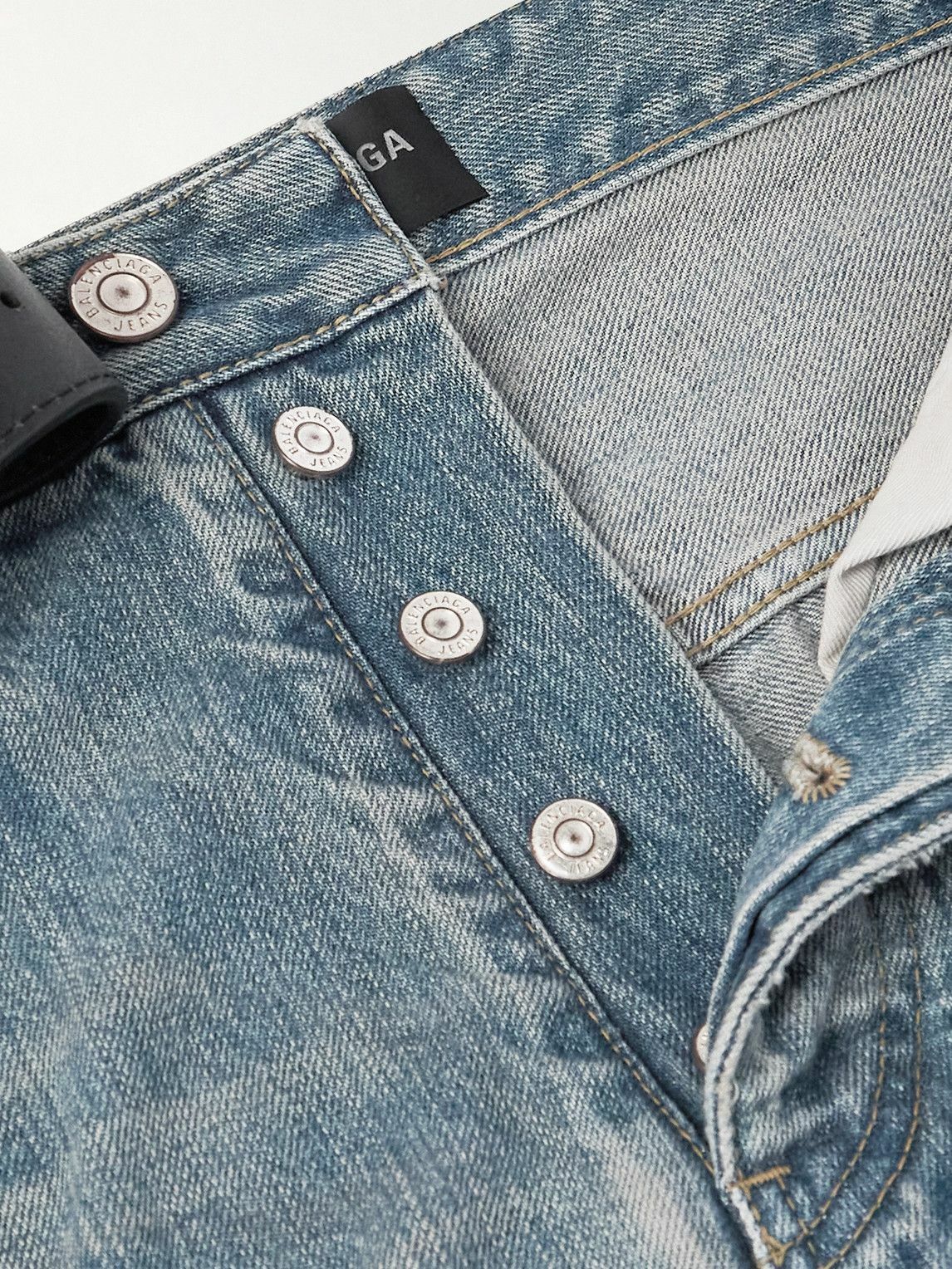 Balenciaga - Straight-Leg Belted Distressed Selvedge Jeans - Blue