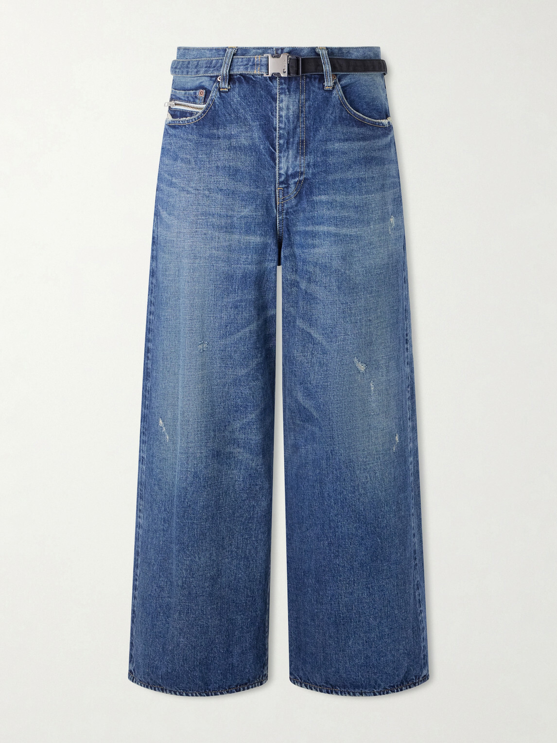 Sacai - BEYONDEXX Wide-Leg Belted Distressed Jeans - Blue