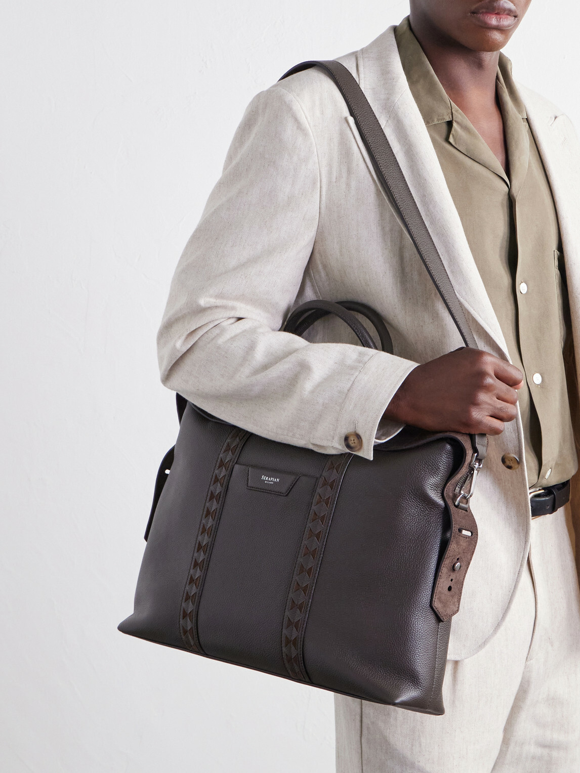 Serapian - Suede-Trimmed Full-Grain Leather Briefcase