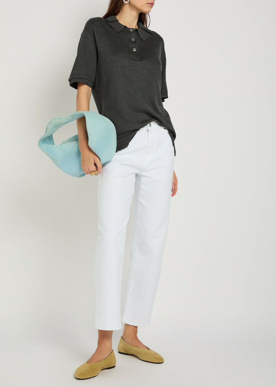 Tory Burch Distressed Silk-blend Polo top Dark Grey