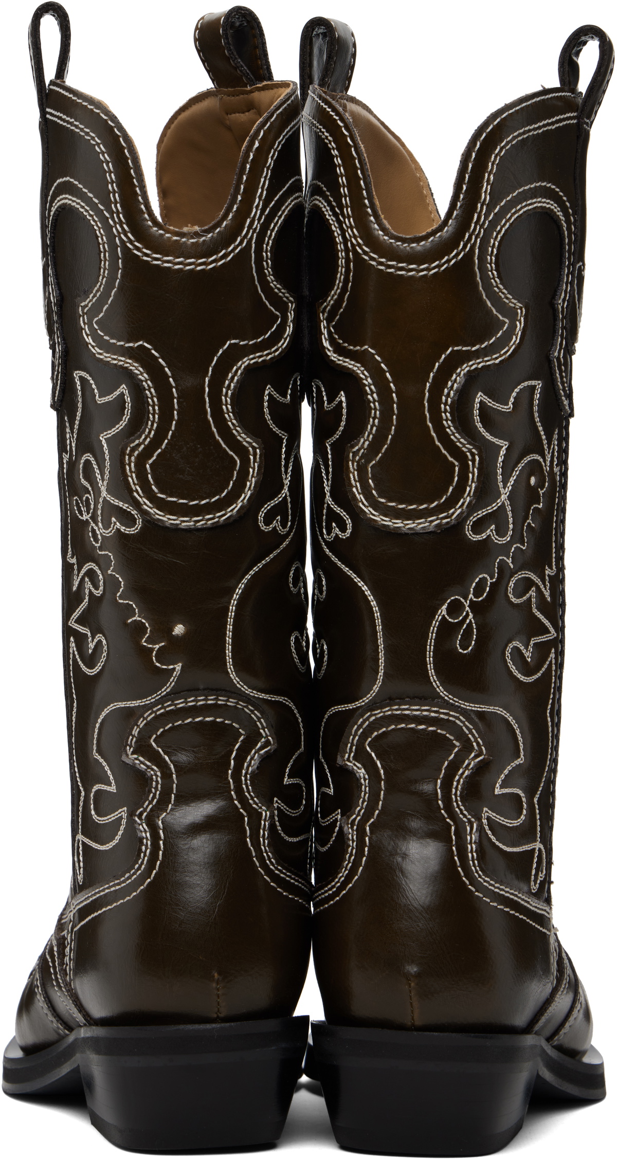 GANNI Brown Mid Shaft Embroidered Western Boots