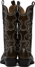 GANNI Brown Mid Shaft Embroidered Western Boots