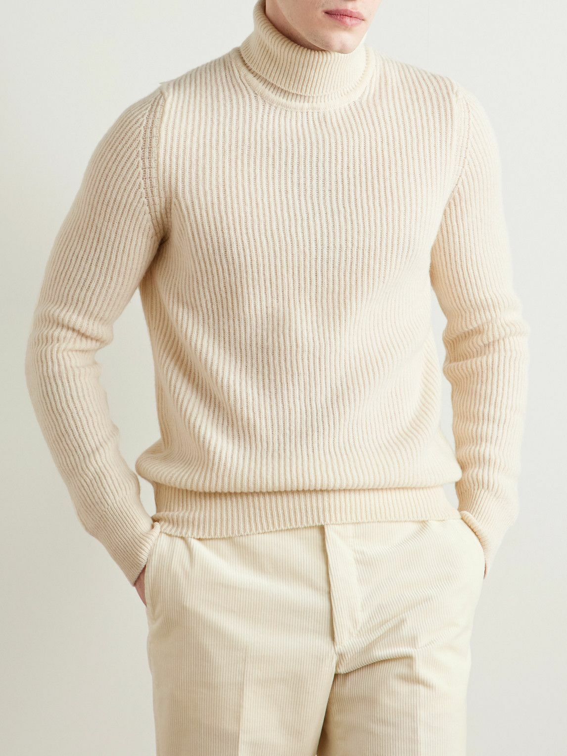 De Petrillo - Slim-Fit Ribbed Merino Wool and Cashmere-Blend Rollneck Sweater - Neutrals