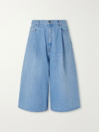 KAPITAL - Wide-Leg Pleated Denim Shorts - Blue