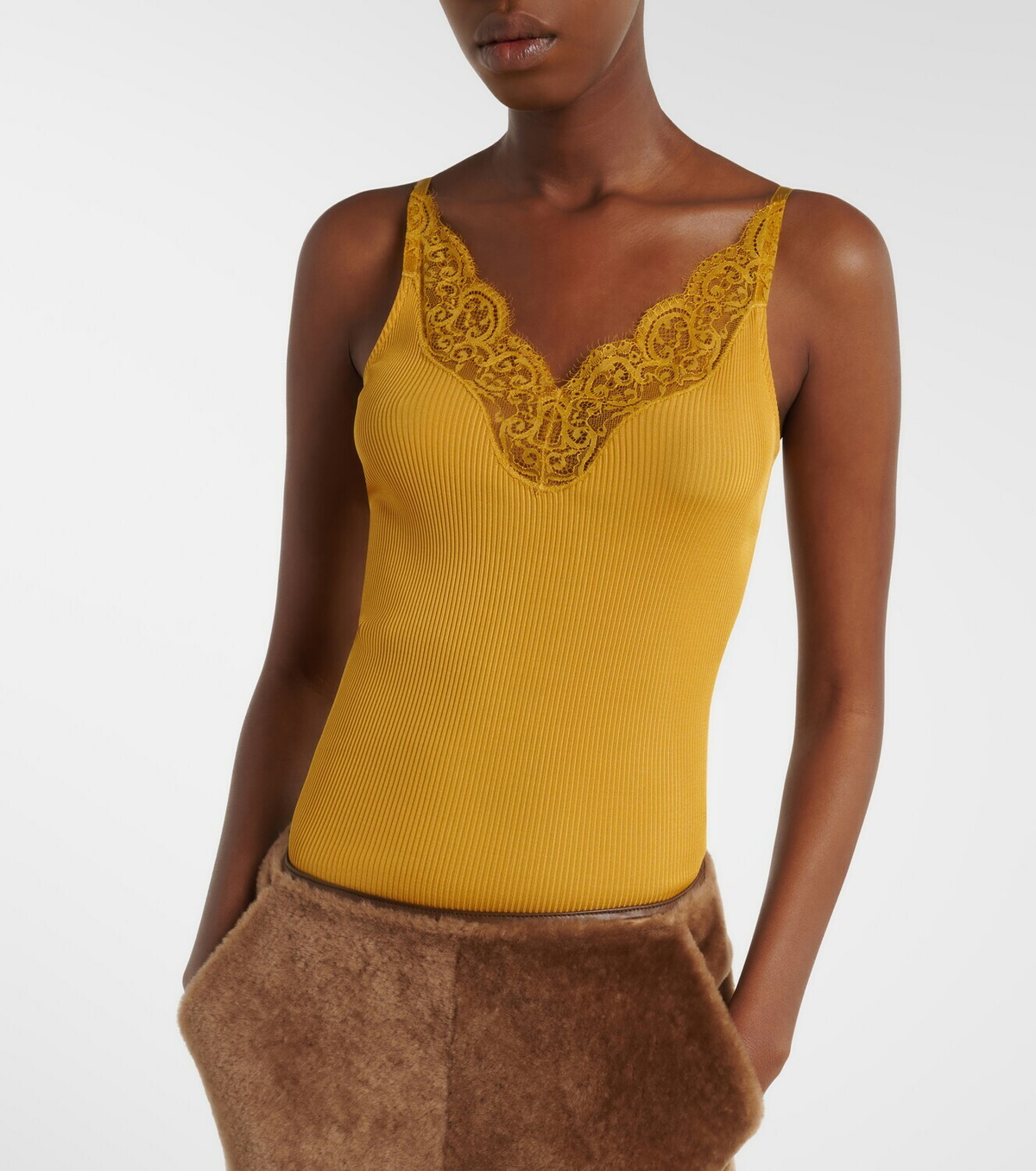 Saint Laurent Lace-trimmed ribbed-knit silk tank top