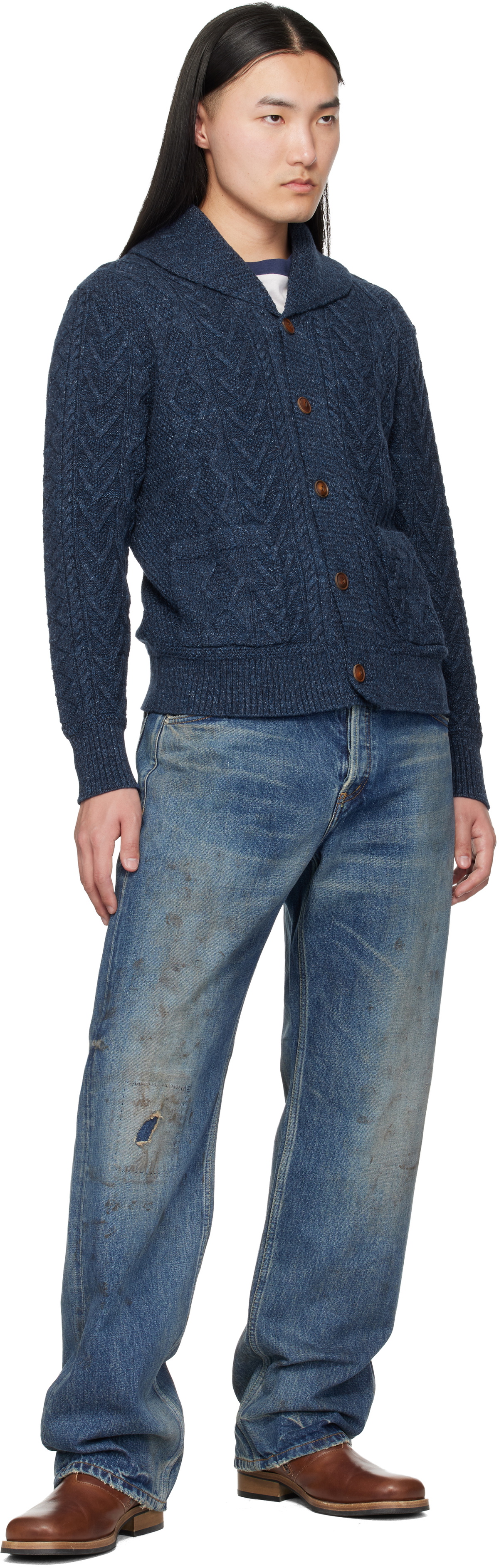 RRL Navy Aran-Knit Cotton Cardigan