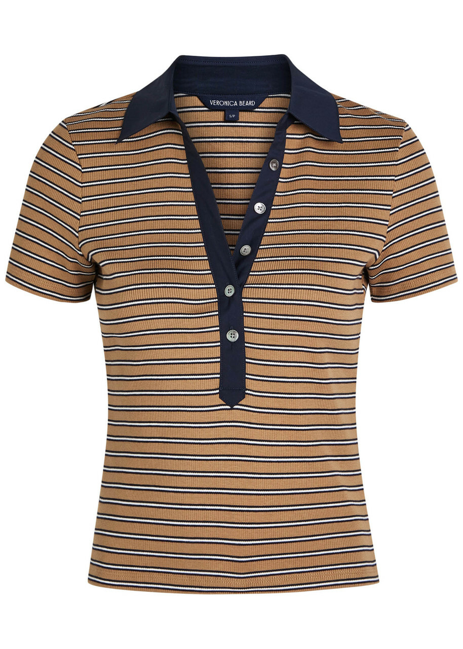 Veronica Beard Kearney Striped Stretch-cotton top Brown