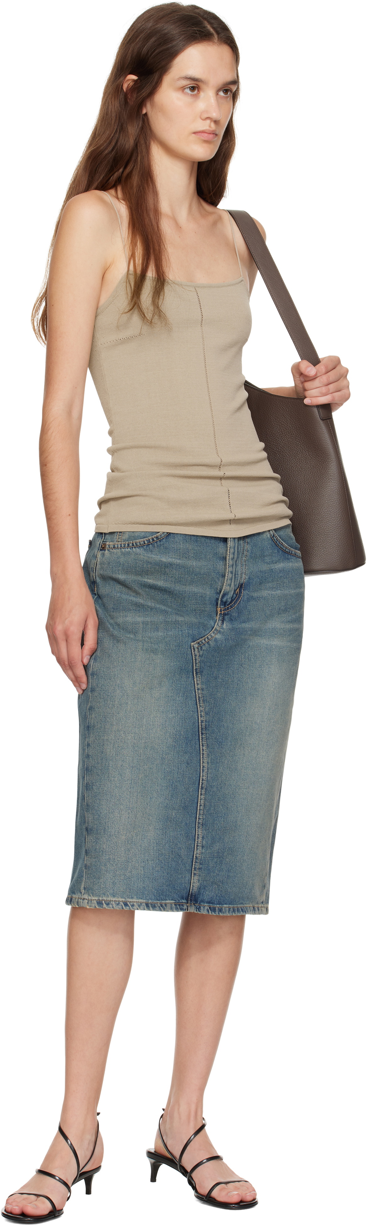 6397 Blue Faded Denim Midi Skirt