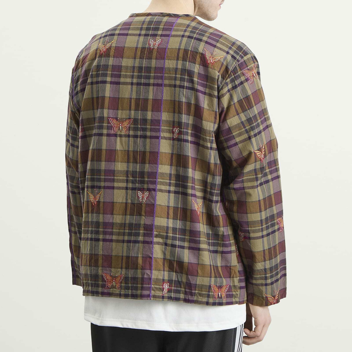Needles Men's Embroidered Madras Plaid Cardigan in Brown