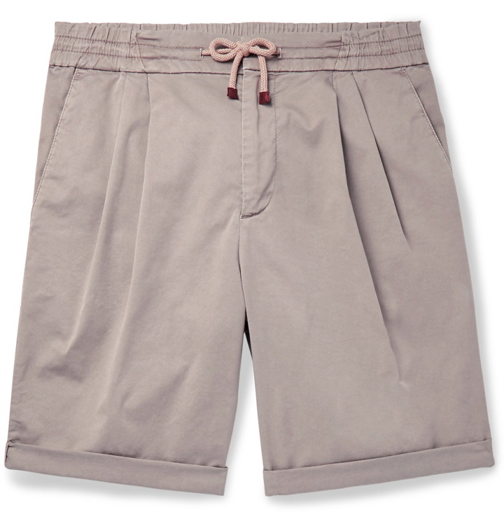Photo: Brunello Cucinelli - Slim-Fit Pleated Cotton-Blend Twill Drawstring Shorts - Gray