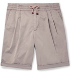 Brunello Cucinelli - Slim-Fit Pleated Cotton-Blend Twill Drawstring Shorts - Gray