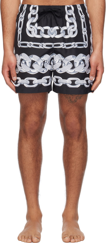 Photo: Versace Underwear Black & Gray Medusa Chains Swim Shorts