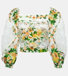 Farm Rio Lace-trimmed printed cotton blouse