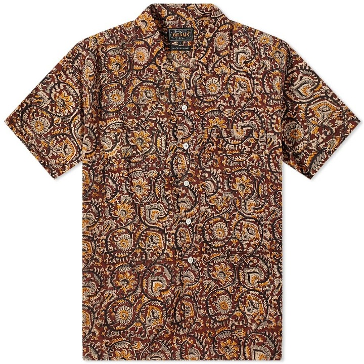 Photo: Beams Plus Men's Short Sleeve Open Collar Floral Block Print Shirt in Brown