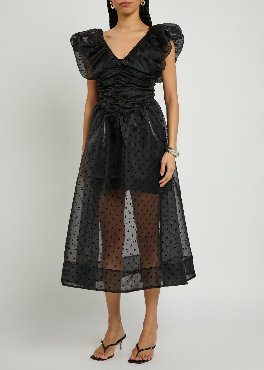 Ganni Polka-dot Ruched Organza Midi Dress Black