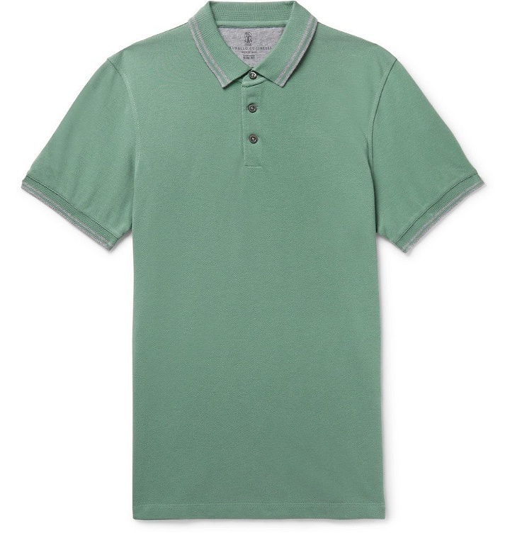 Photo: Brunello Cucinelli - Slim-Fit Contrast-Tipped Cotton-Piqué Polo Shirt - Men - Green