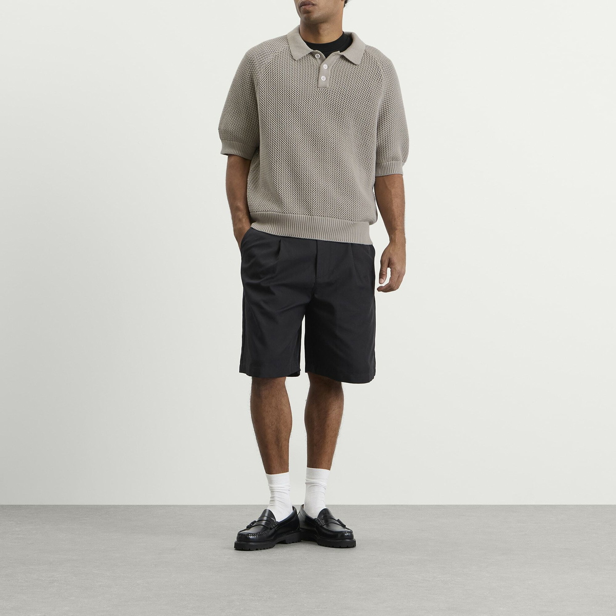 Bound Men's Crochect Knit Polo in Stone