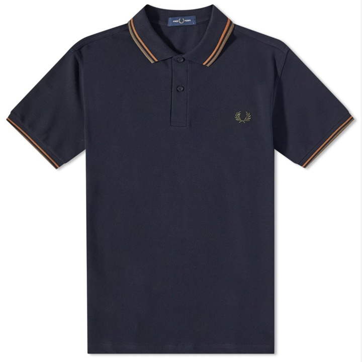 Photo: Fred Perry Authentic Men's Slim Fit Twin Tipped Polo Shirt in Navy/Nut Flake/Uniform Green
