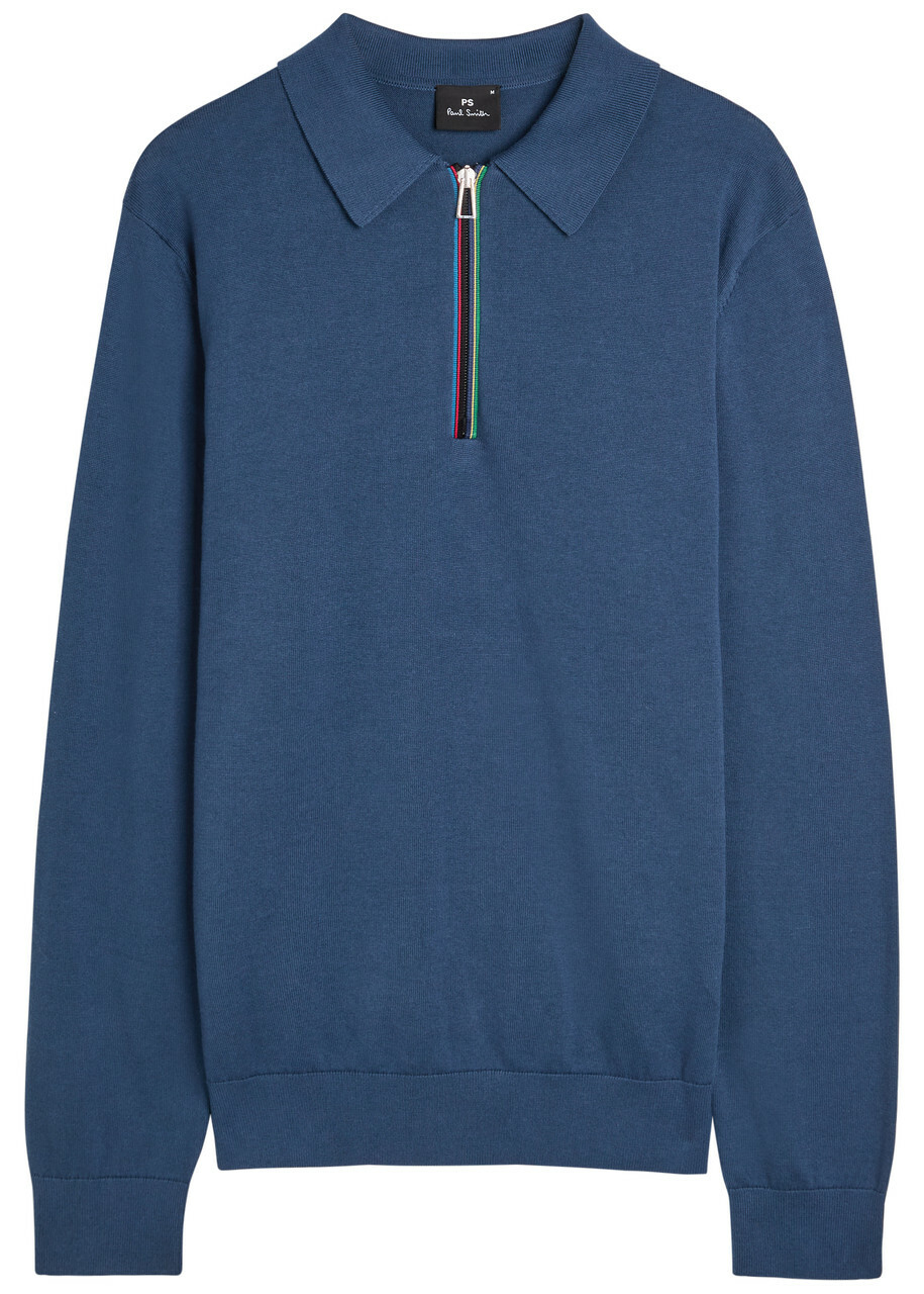 PS Paul Smith Stripe-trimmed Fine-knit Polo Jumper Blue