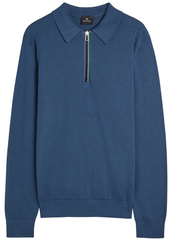 Photo: PS Paul Smith Stripe-trimmed Fine-knit Polo Jumper Blue