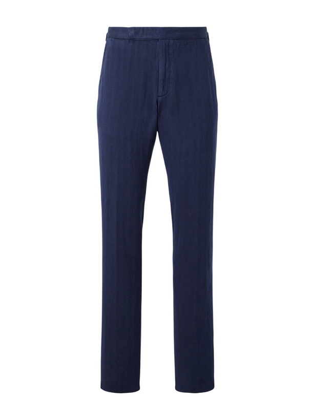 Photo: Ralph Lauren Purple label - Gregory Straight-Leg Herringbone Cotton and Linen-Blend Trousers - Blue