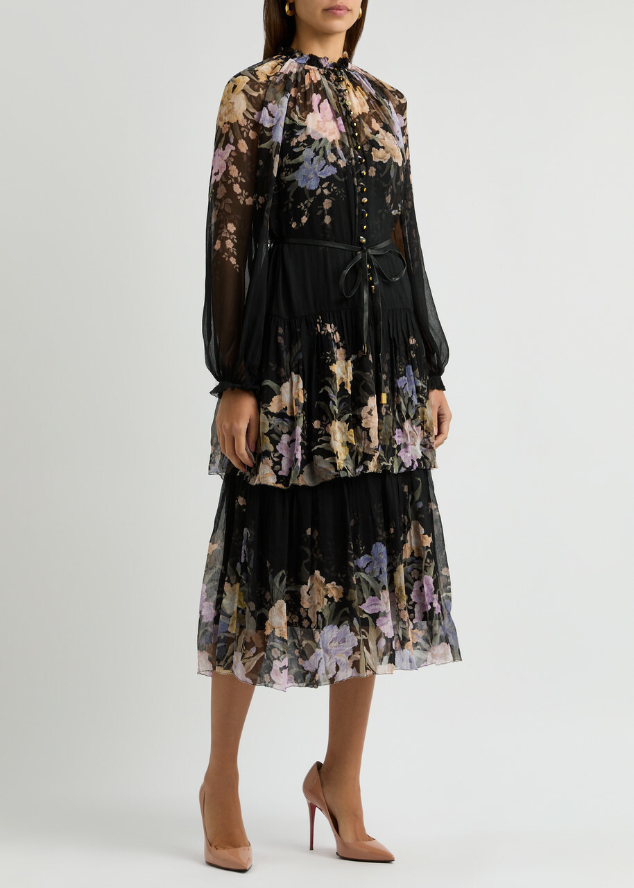 オールインワン・サロペット Zimmermann Floral Print Midi Dress With Ruffled Sleeves ZIMMERMANN Belted floral-print chiffon midi dress | THE OUTNET