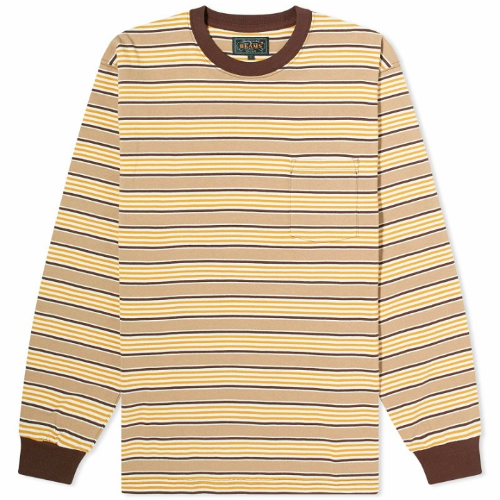 Photo: Beams Plus Men's Long Sleeve Multi Stripe Pocket T-Shirt in Brown