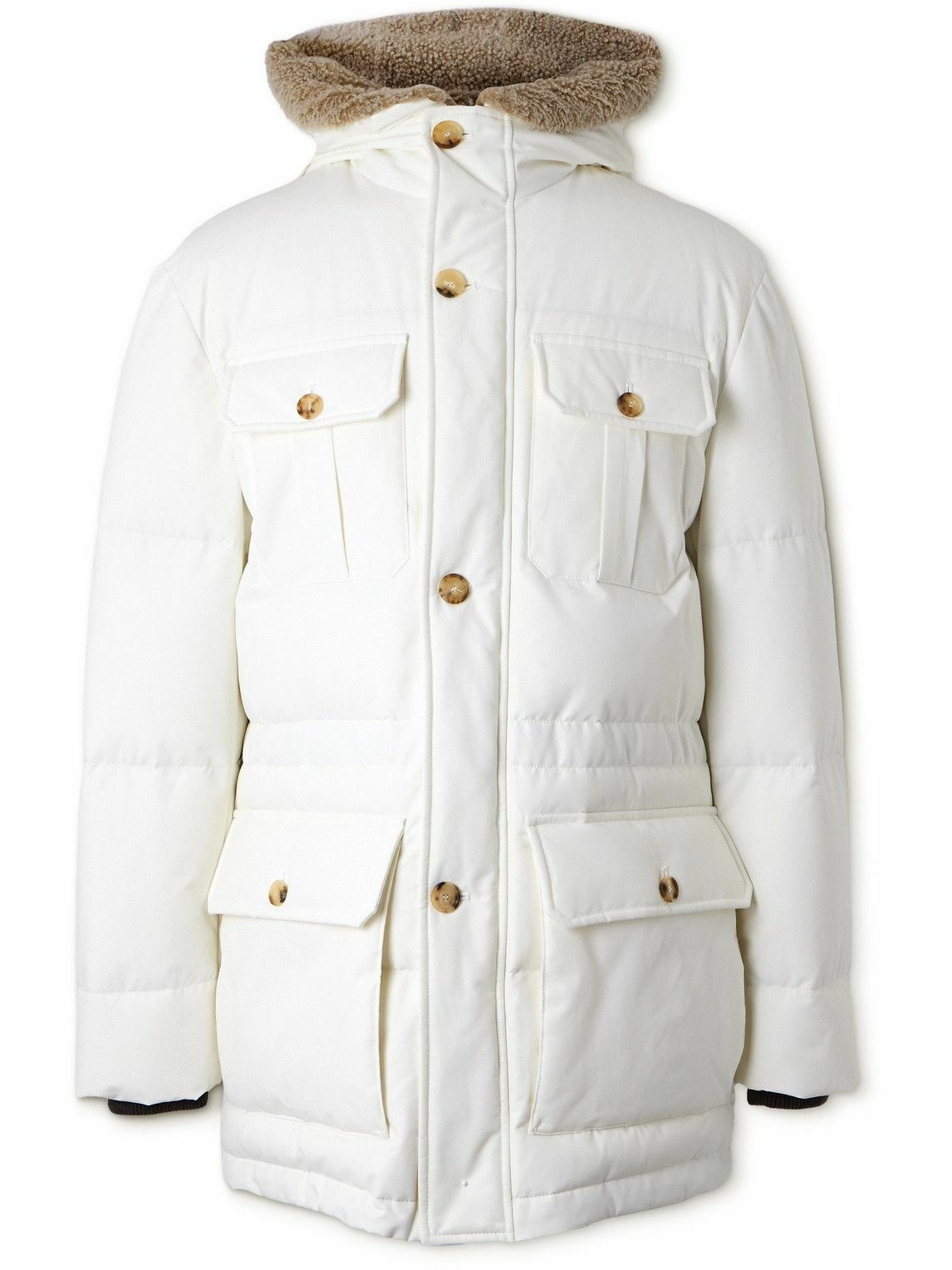 Photo: Brunello Cucinelli - Shearling-Trimmed Cotton-Blend Shell Hooded Down Parka - White