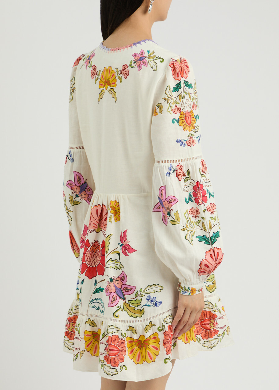 Farm Rio Floral Insects Printed Linen-blend Mini Dress White