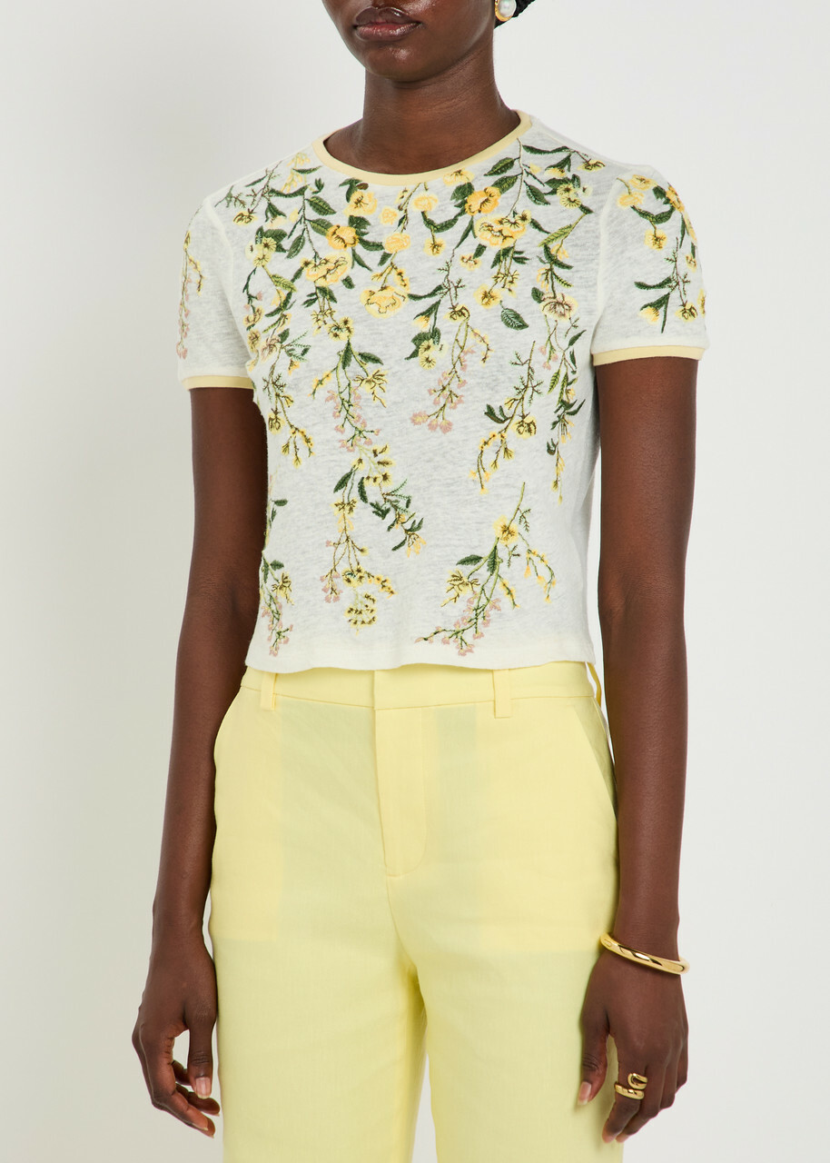 Alice + Olivia Cindy Floral-embroidered Linen T-shirt Multicoloured