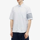 Thom Browne Men's 4-Bar Tricolour Short Sleeve Button Down Shirt in Medium Blue