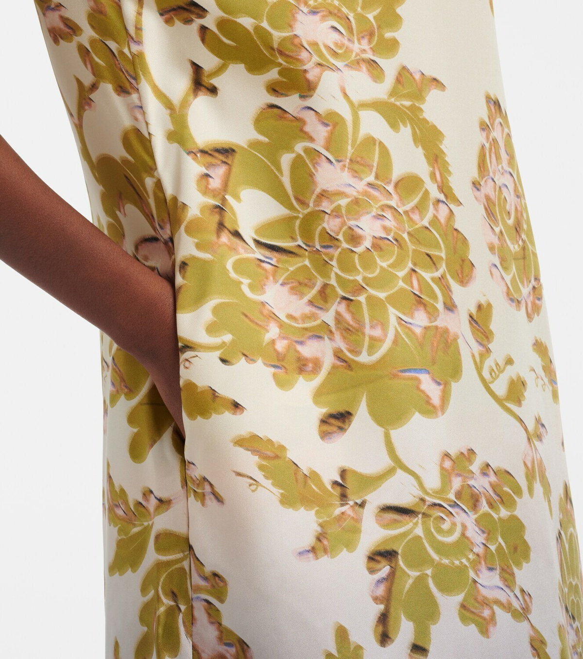 La DoubleJ Swing feather-trimmed floral silk twill maxi dress