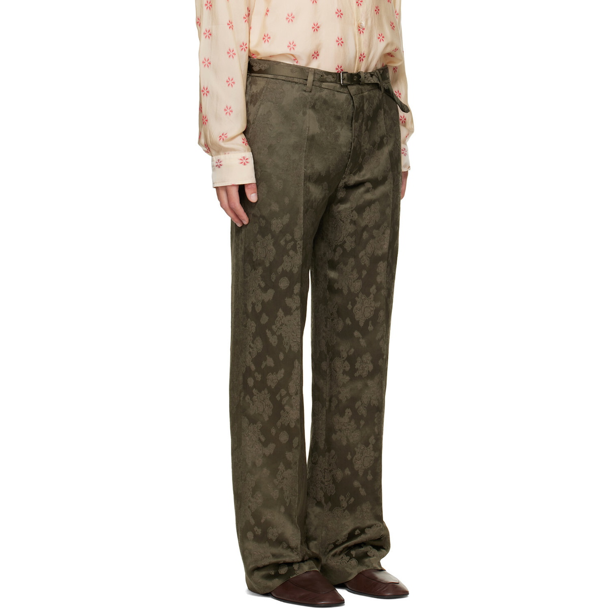 Dries Van Noten Khaki Belted Floral Jacquard Trousers