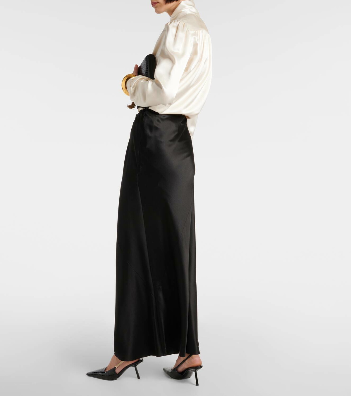 【関税&送料込み】Saint Laurent Flounced Skirt In Silk Cre Saint Laurent Silk satin maxi skirt Saint Laurent