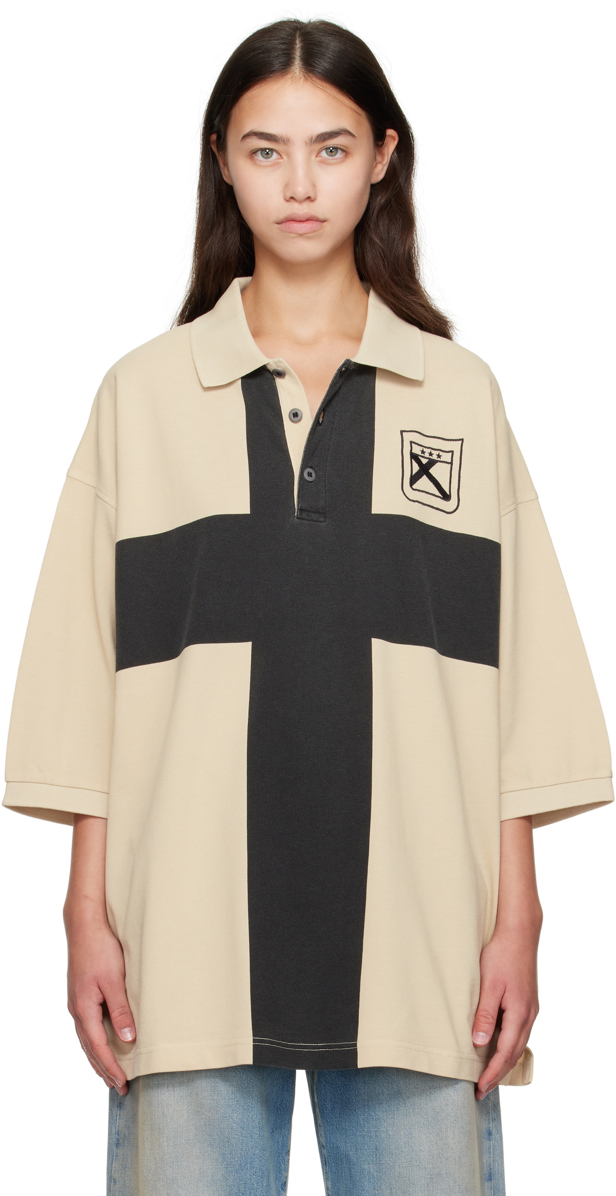 032c Beige Fainting Cross Oversized Polo