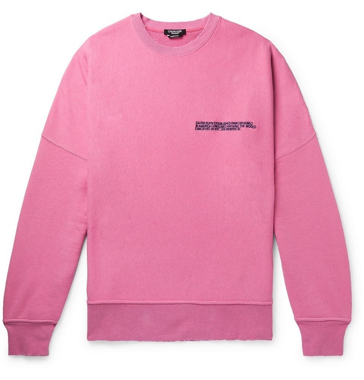 Photo: CALVIN KLEIN 205W39NYC - Oversized Distressed Logo-Embroidered Loopback Cotton-Jersey Sweatshirt - Men - Pink
