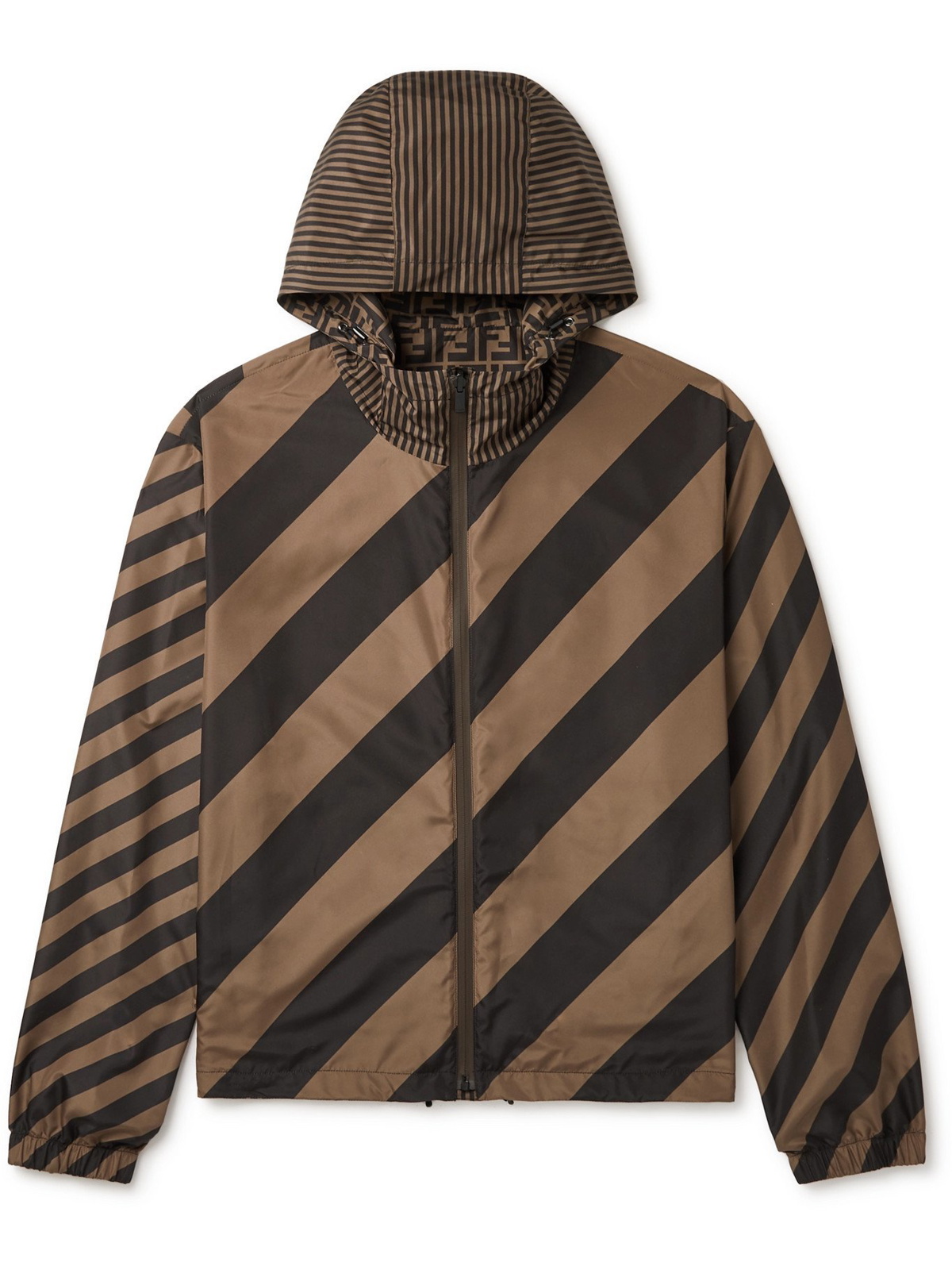 FENDI - Logo-Print Striped Shell Hooded Jacket Brown