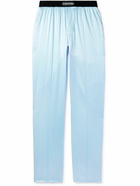 TOM FORD - Velvet-Trimmed Stretch-Silk Satin Pyjama Trousers - Blue