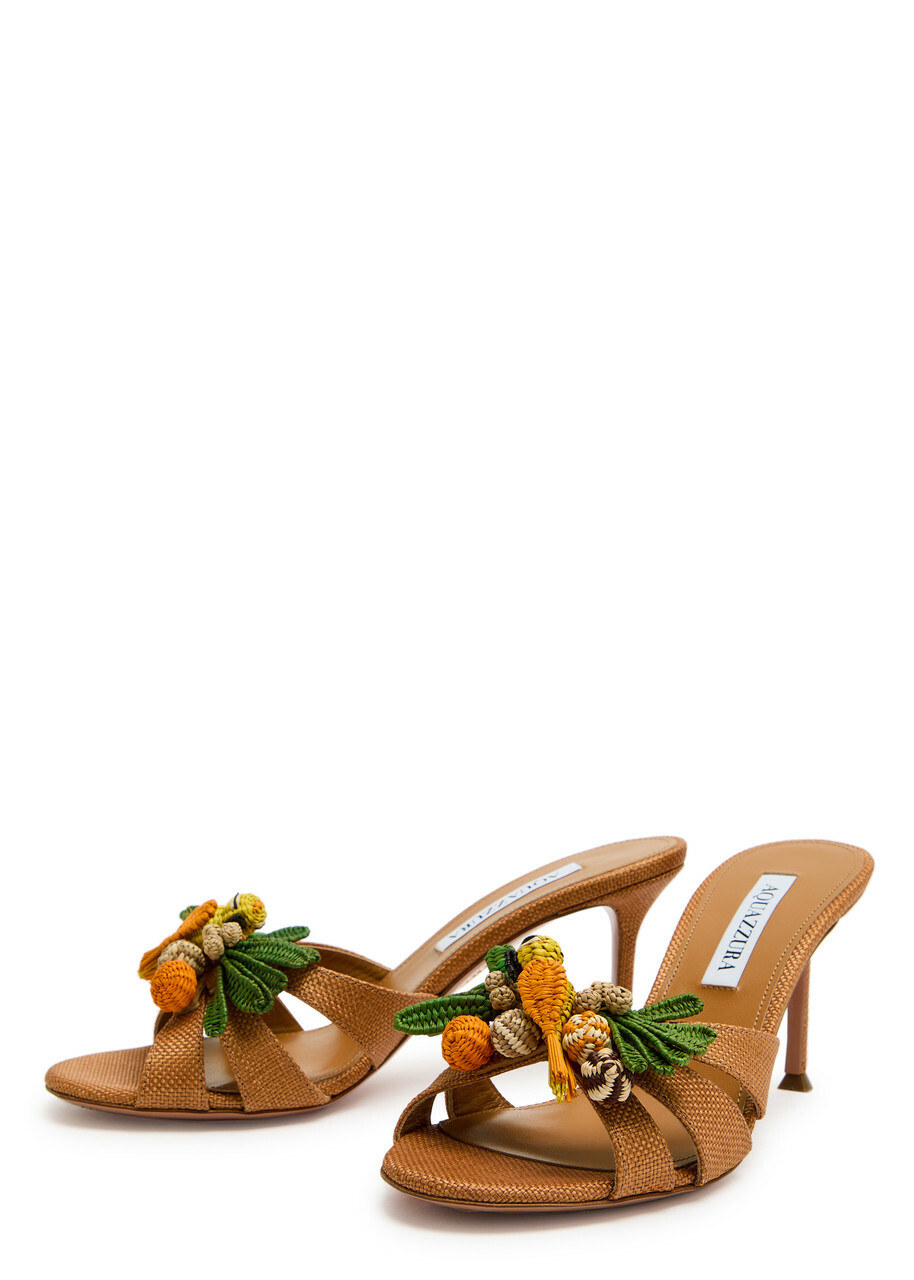 Aquazzura Birdsong 75 Appliquéd Woven Raffia Mules Camel