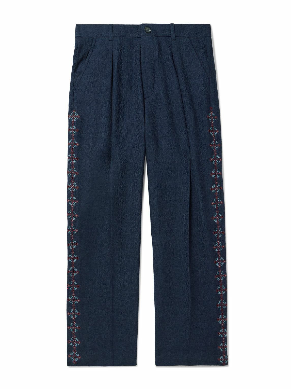 Kartik Research - Pleated Embroidered Wool Straight-Leg Trousers - Blue