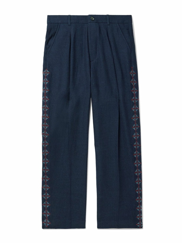 Photo: Kartik Research - Pleated Embroidered Wool Straight-Leg Trousers - Blue