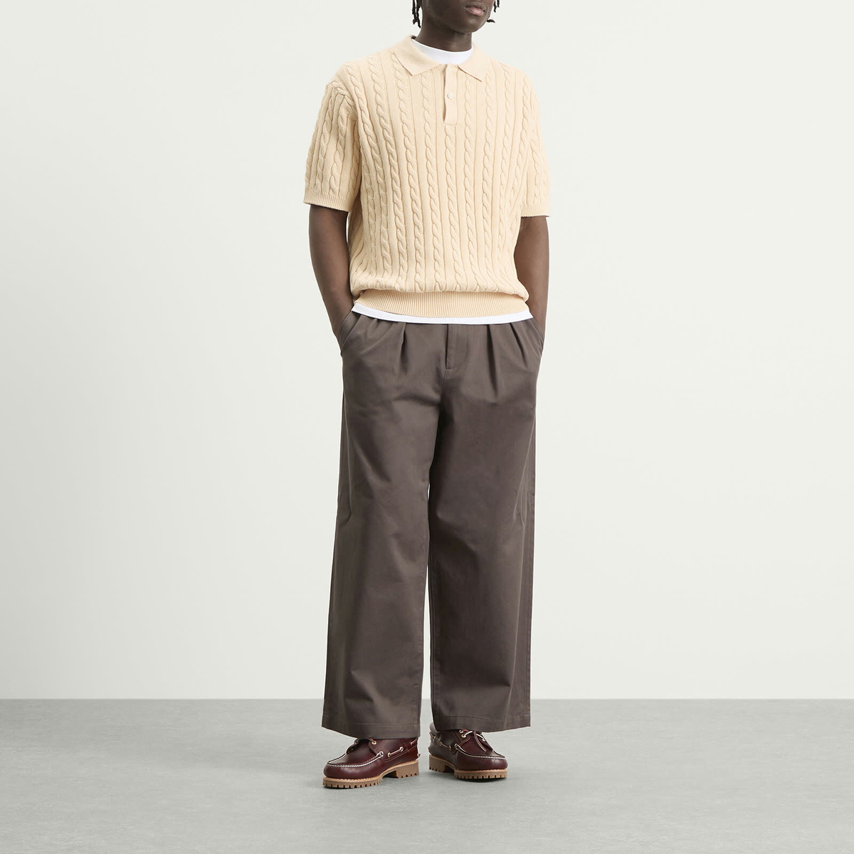 Beams Plus Men's Cable Knit Polo in Beige