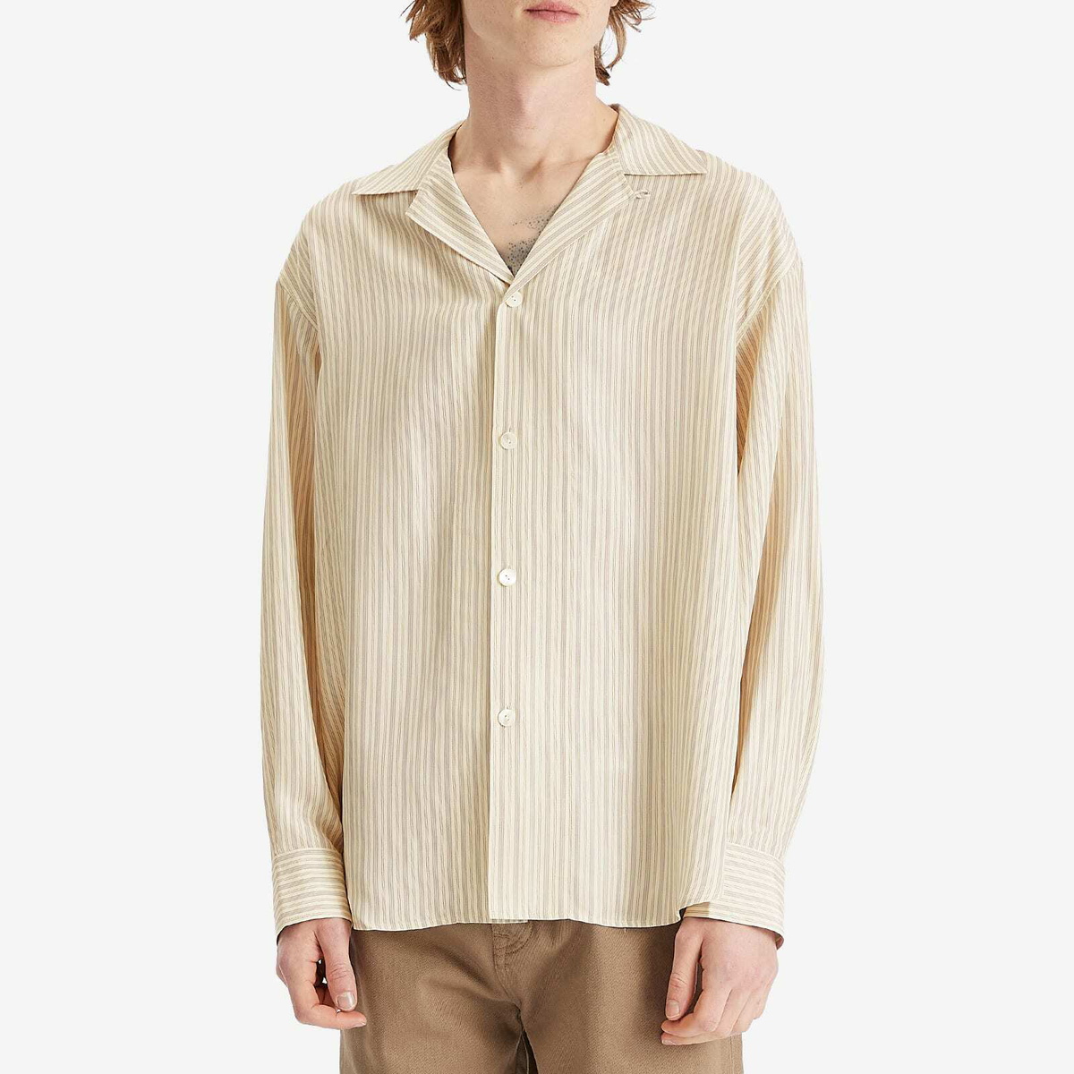 Róhe Men's Stripe Silk Vacation Shirt in Cream Heritage Stripe