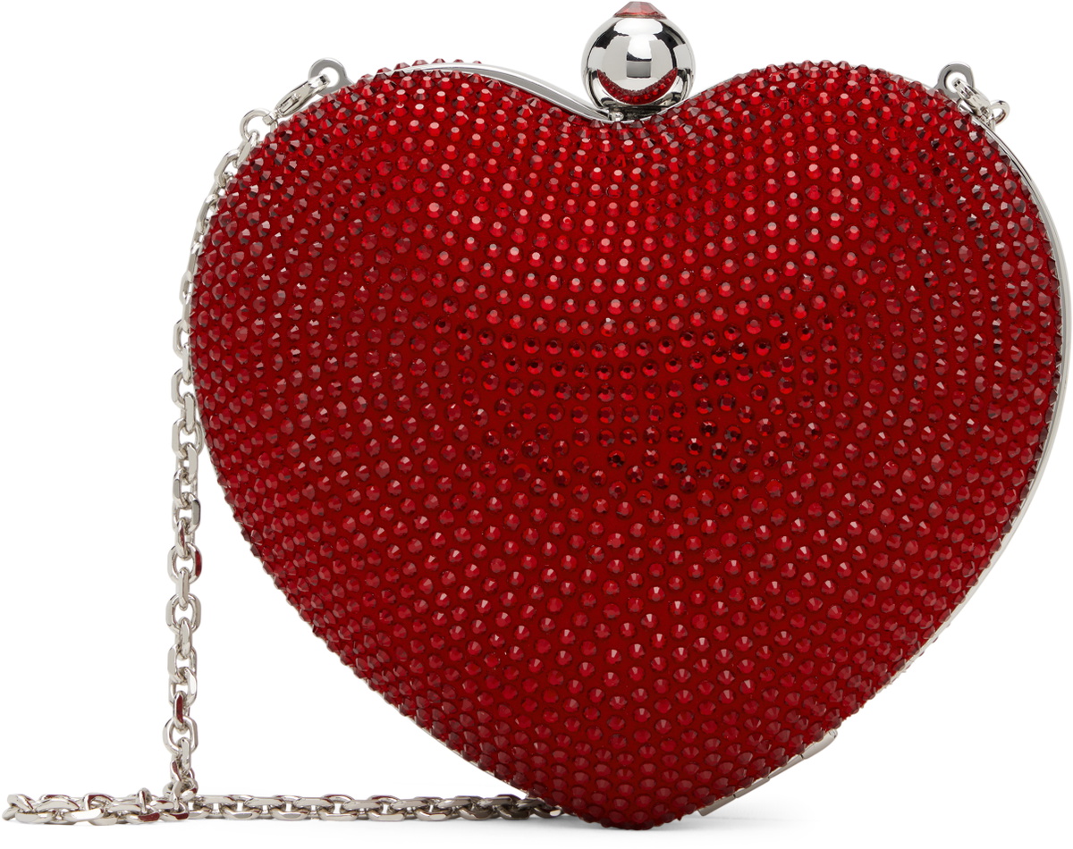 MACH & MACH Red Crystal Heart Suede Clutch
