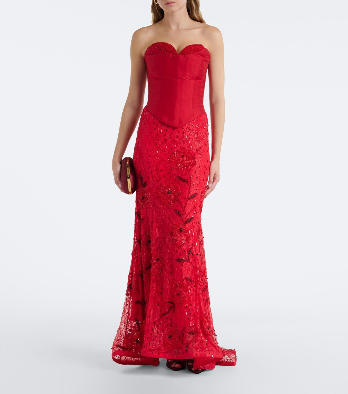 Là Fuori Embellished lace bustier gown