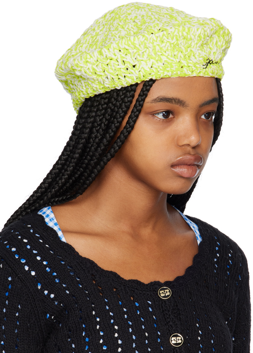 GANNI Green & White Crocheted Beret GANNI