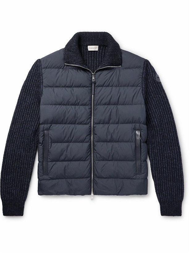 Photo: Moncler - Leather-Trimmed Quilted Shell and Ribbed Cotton and Wool-Blend Down Jacket - Blue